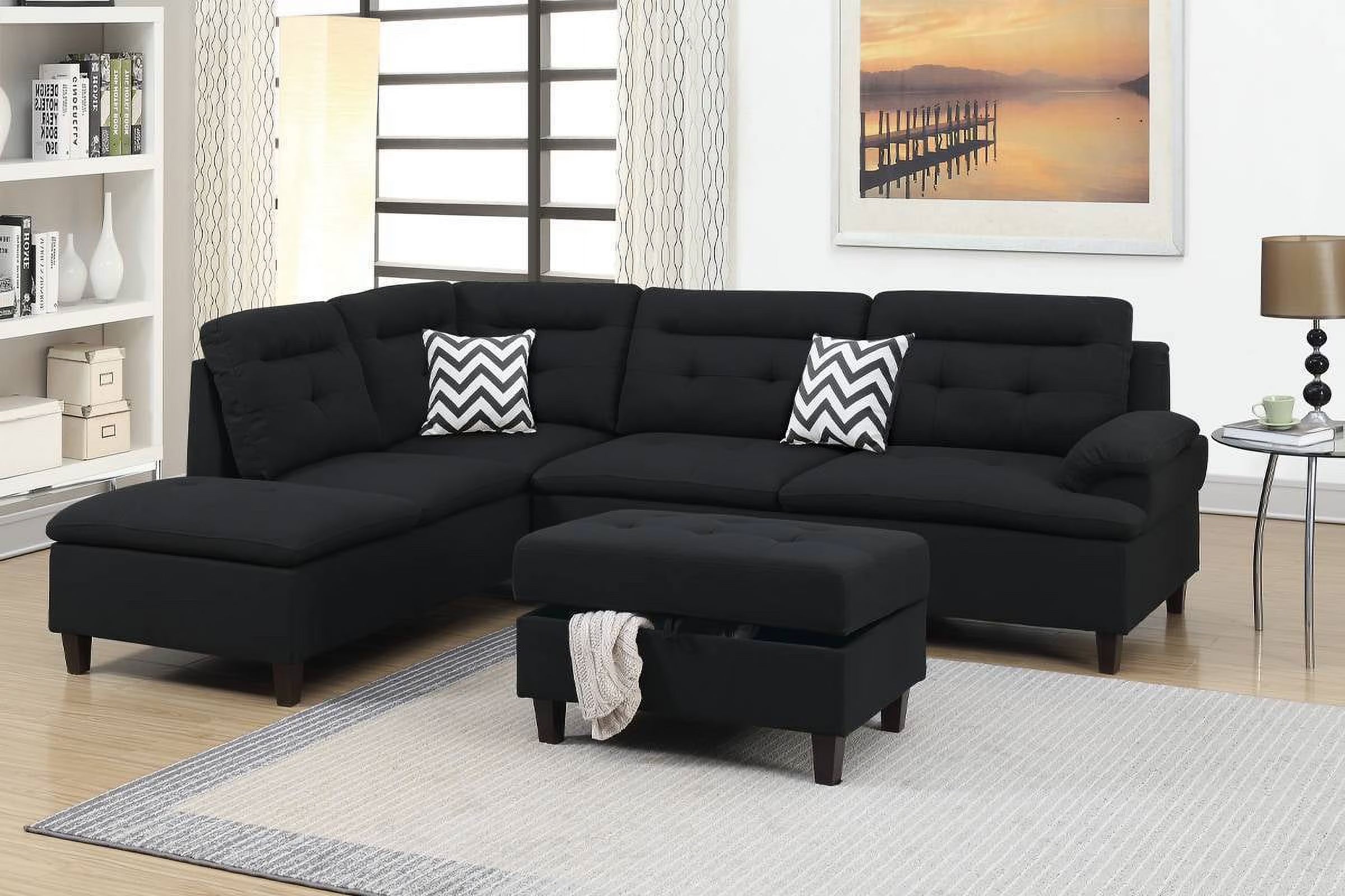 Black Fabric Sectional Sofa with Ottoman Q545