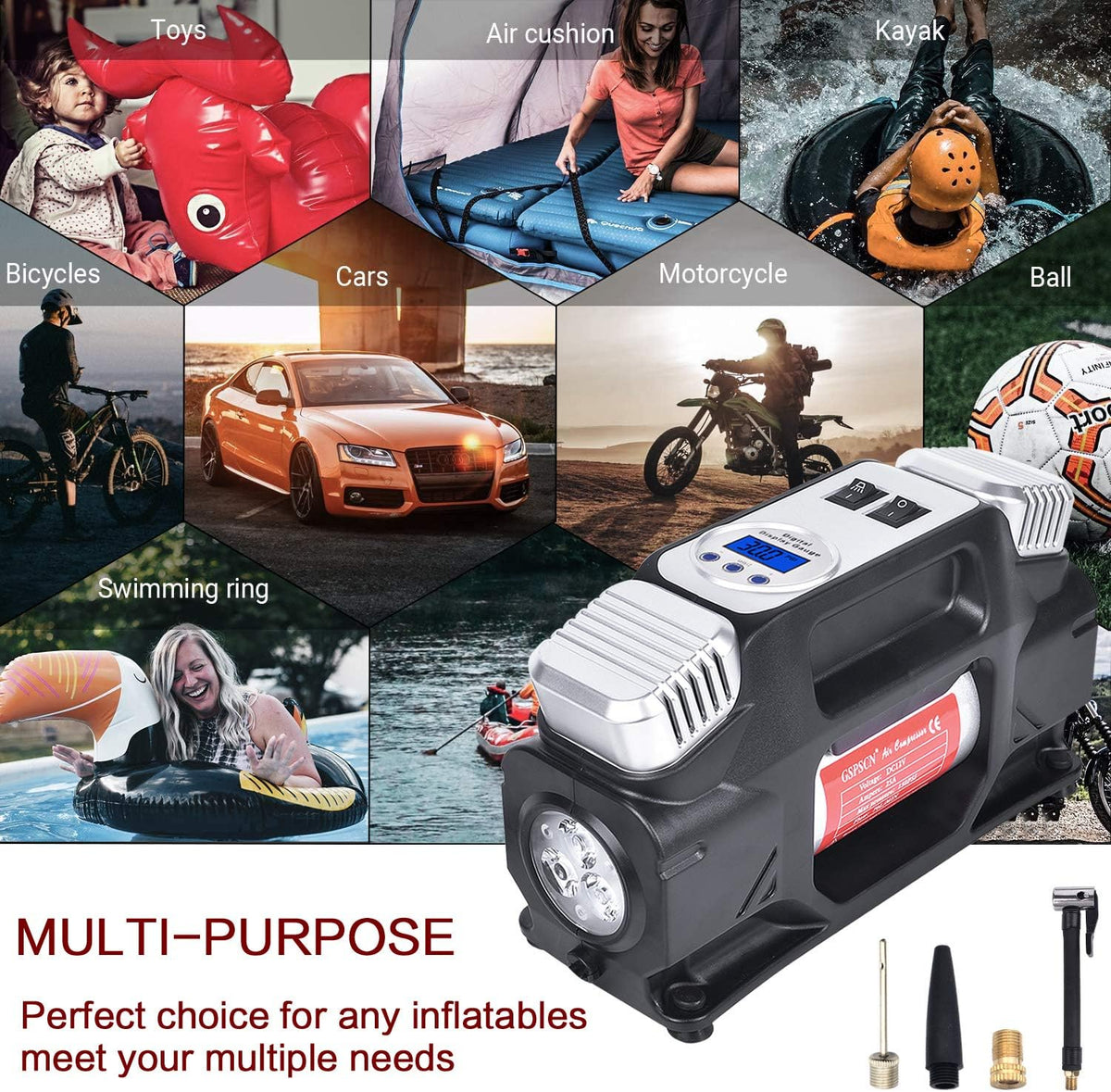 Portable Digital Tire Inflator, Dual Cylinders 12V Air Compressor Pump 150PSI with LED Light and Tire Repair Kit M1695