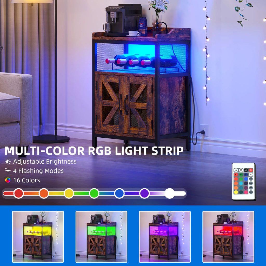 Rustic Brown Wine Bar Cabinet with Power Outlet and LED Lights P450