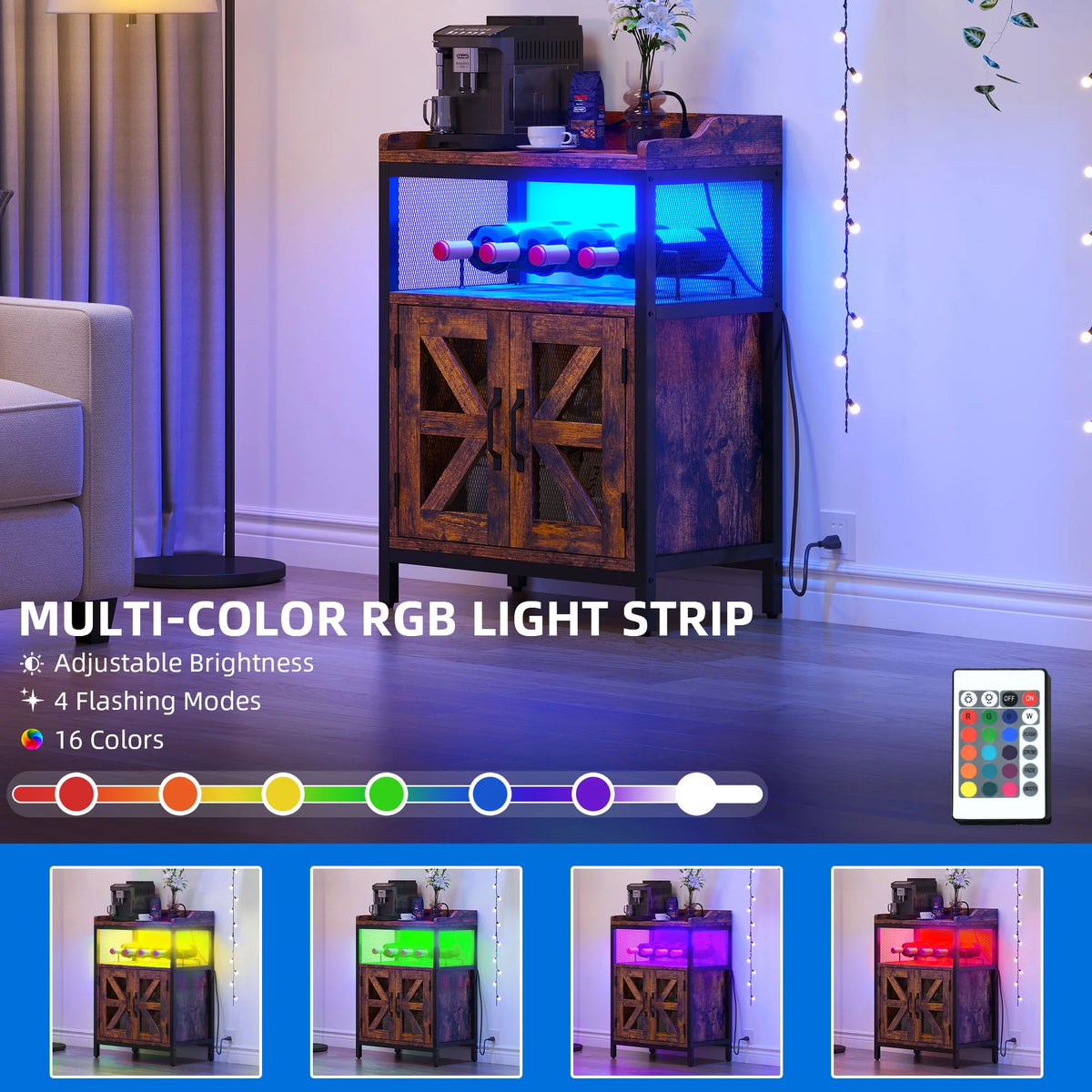 Rustic Brown Wine Bar Cabinet with Power Outlet and LED Lights P450