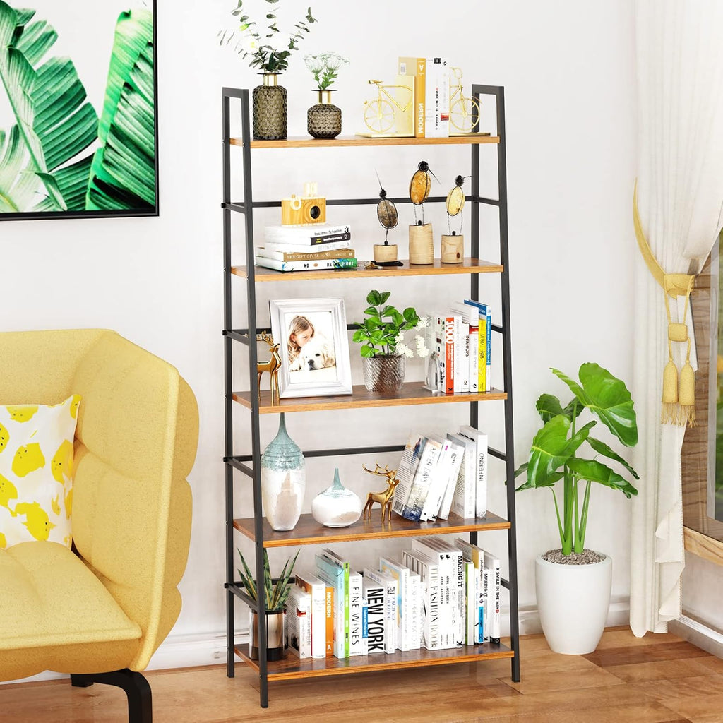 5-Tier Brown Wood Bookcase with Metal Frame B288724