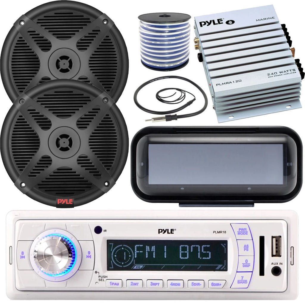 Marine Boat Bluetooth Radio Headunit Receiver with Remote, 2x 6.5'' 600W Black Coaxial Speakers, 2-Channel Waterproof Amplifier V3426