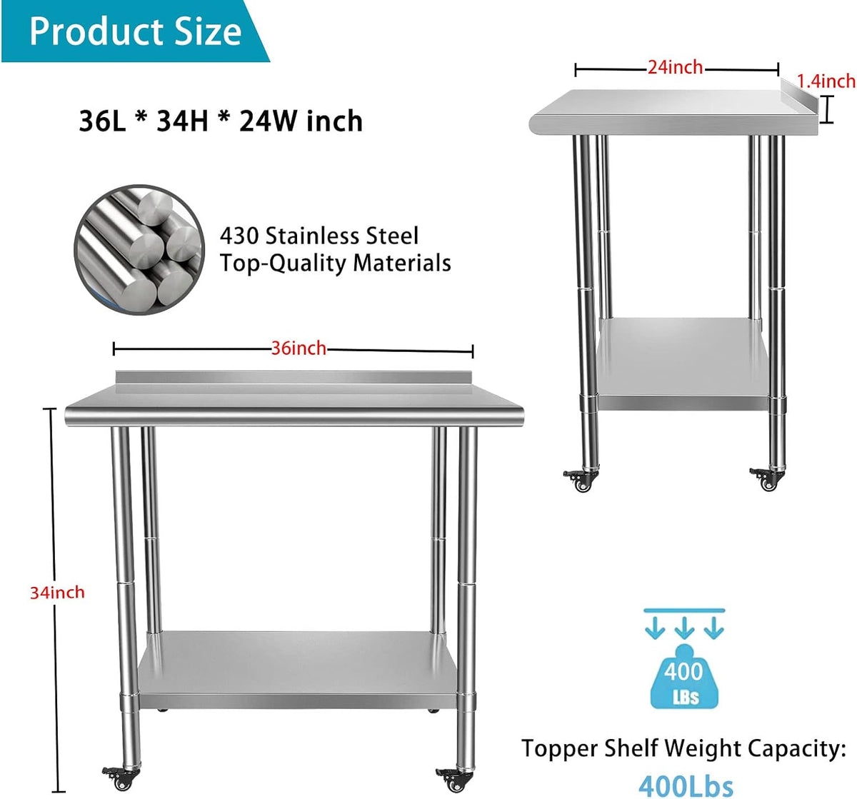Stainless Steel Work Table with Casters, Backsplash, Adjustable Undershelf F609