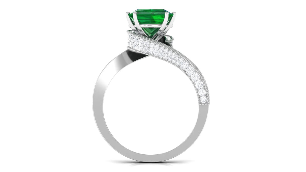 Lab Grown Emerald Solitaire Ring with Diamond, Princess Cut, 8 mm, 925 Sterling Silver, US 10.00 E804585