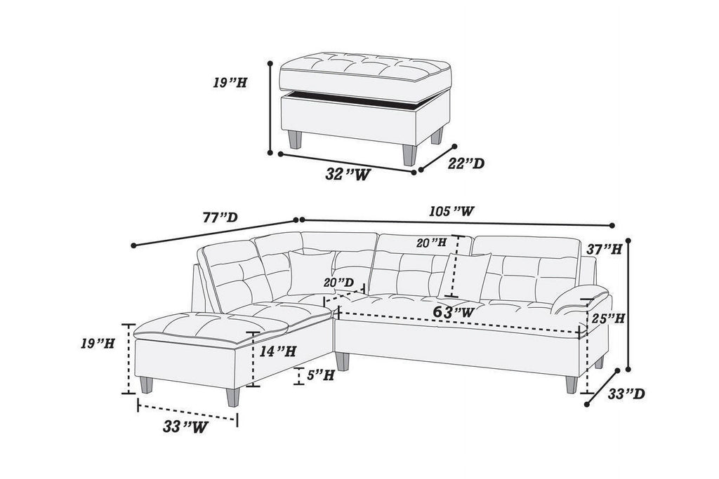 Black Fabric Sectional Sofa with Ottoman Q545