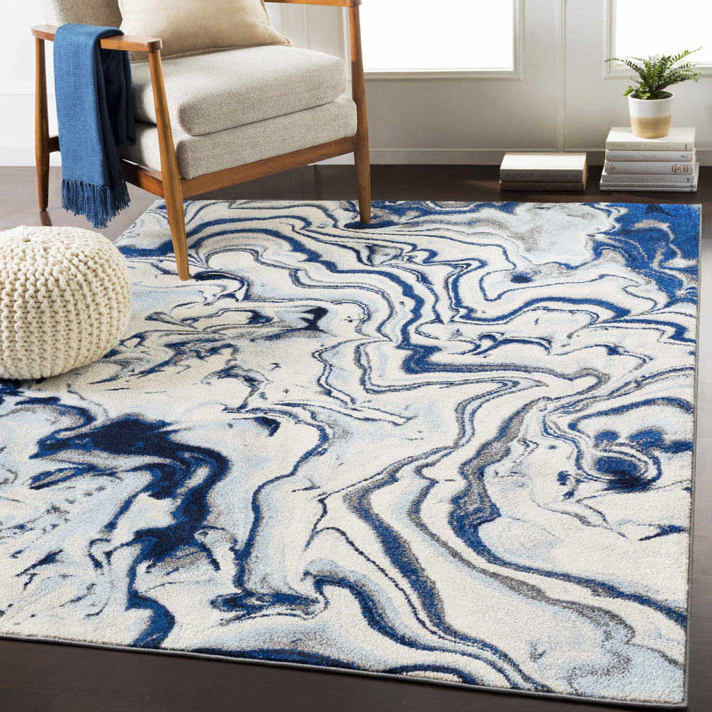 Abstract Coastal Area Rug - Marble Swirl Pattern - Ombre Blue, Royal Blue, Navy Blue, Grey, White - 5'3" x 7'3" C483582