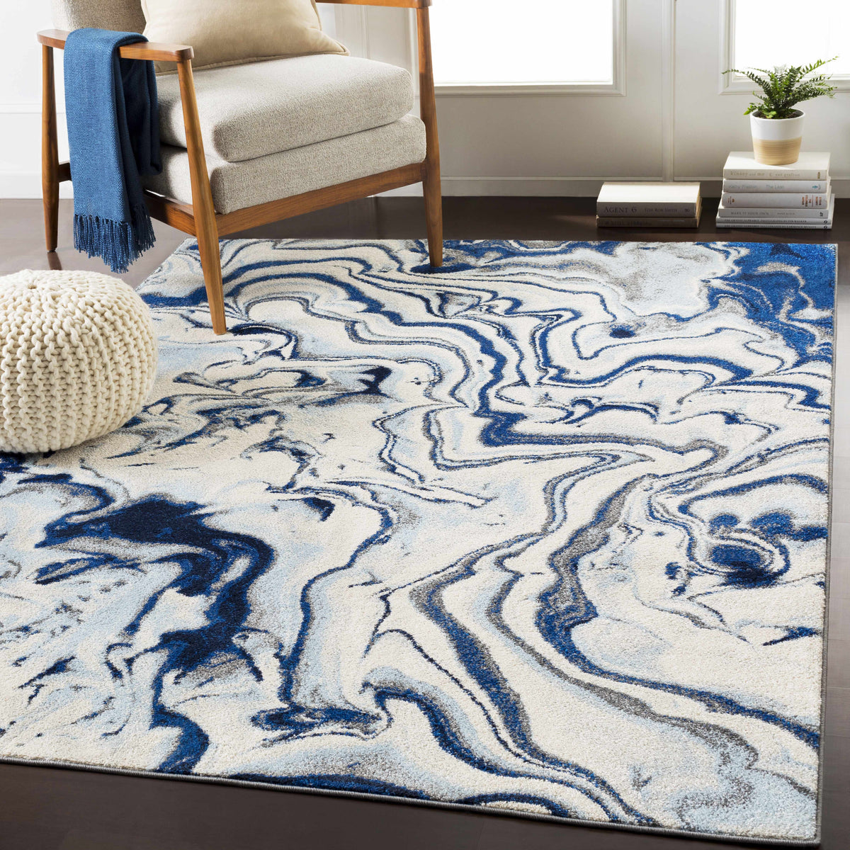 Abstract Coastal Area Rug - Marble Swirl Pattern - Ombre Blue, Royal Blue, Navy Blue, Grey, White - 5'3" x 7'3" C483582