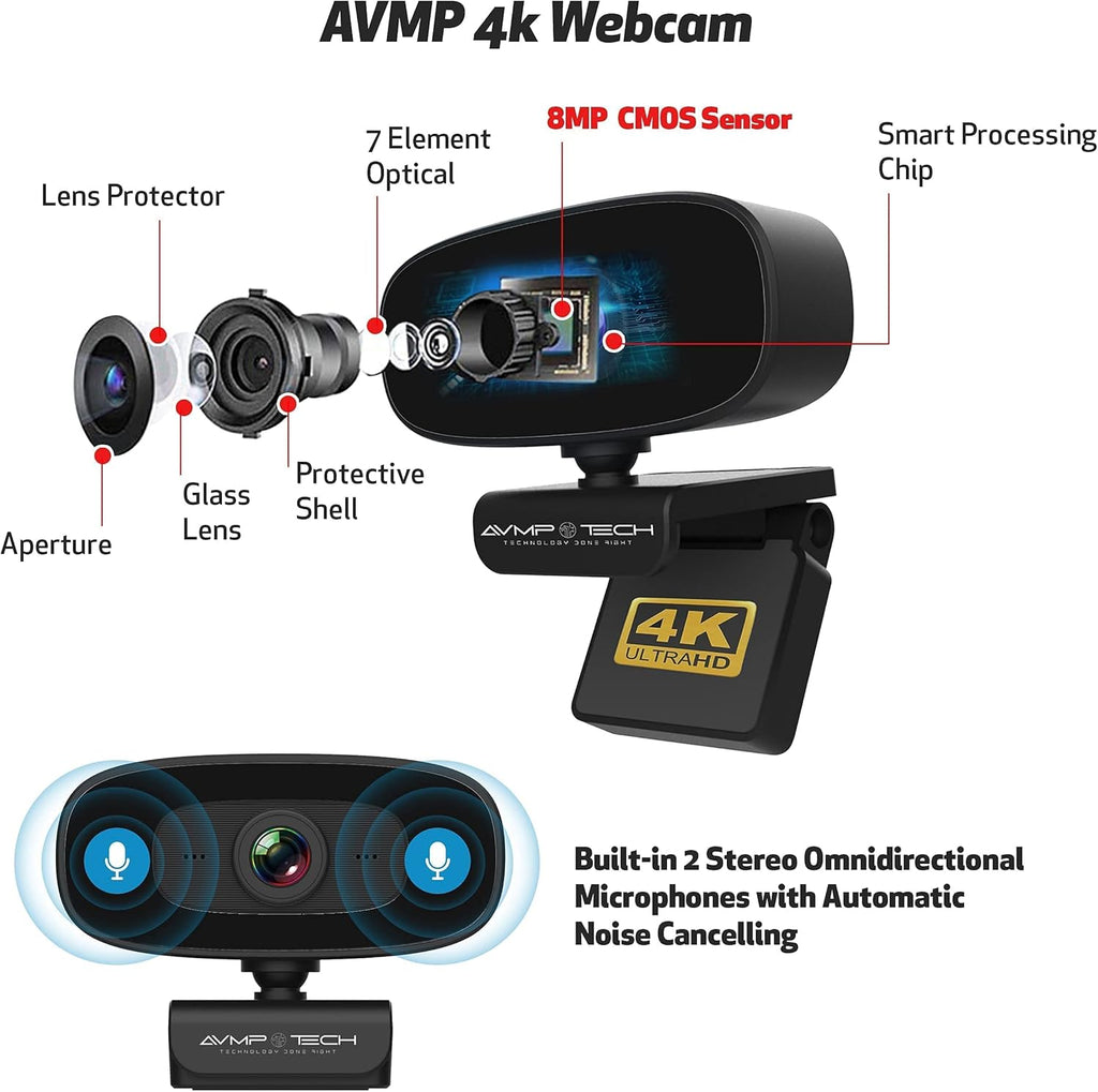 4K Webcam with Ring Light Ultra HD 8MP Autofocus USB Web Cam Stereo Microphone C334645