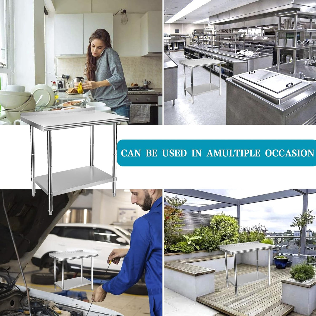 Stainless Steel Work Table with Casters, Backsplash, Adjustable Undershelf F609