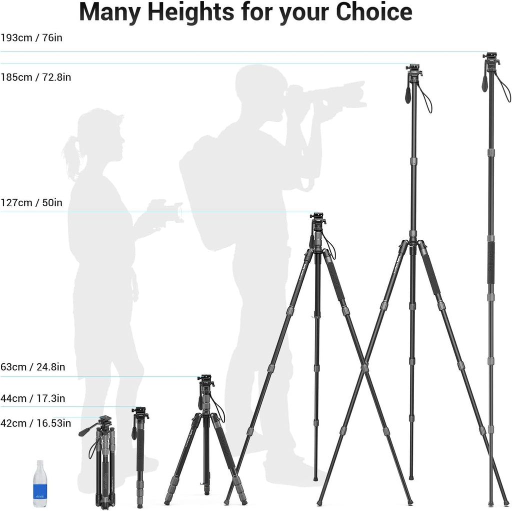 71 Video Tripod Monopod with Fluid Head, Aluminum Camera Tripod, Adjustable Height from 16.5 to 71 S5471