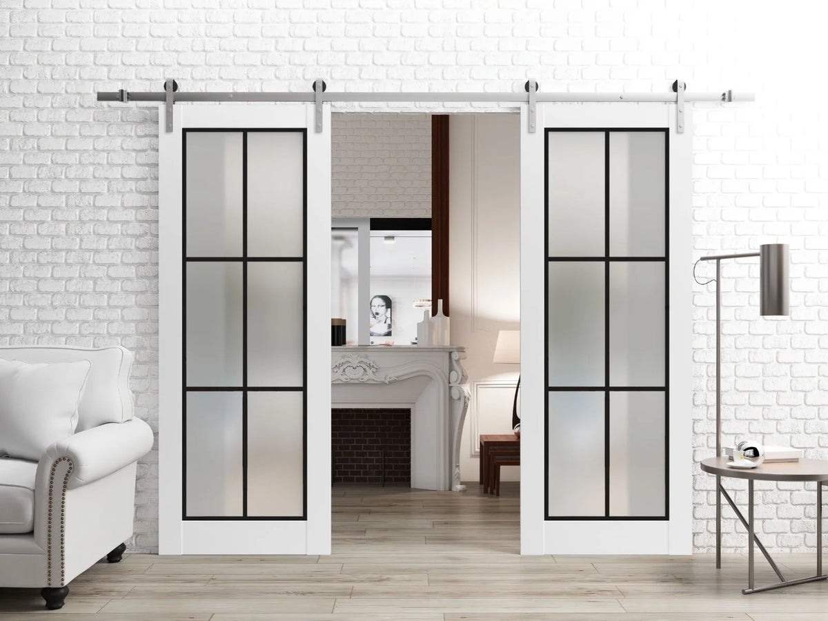 Double Barn Door 36 x 80 inches White Frosted Glass Stainless Steel Rail Hangers Solid Panel Interior Doors B7258