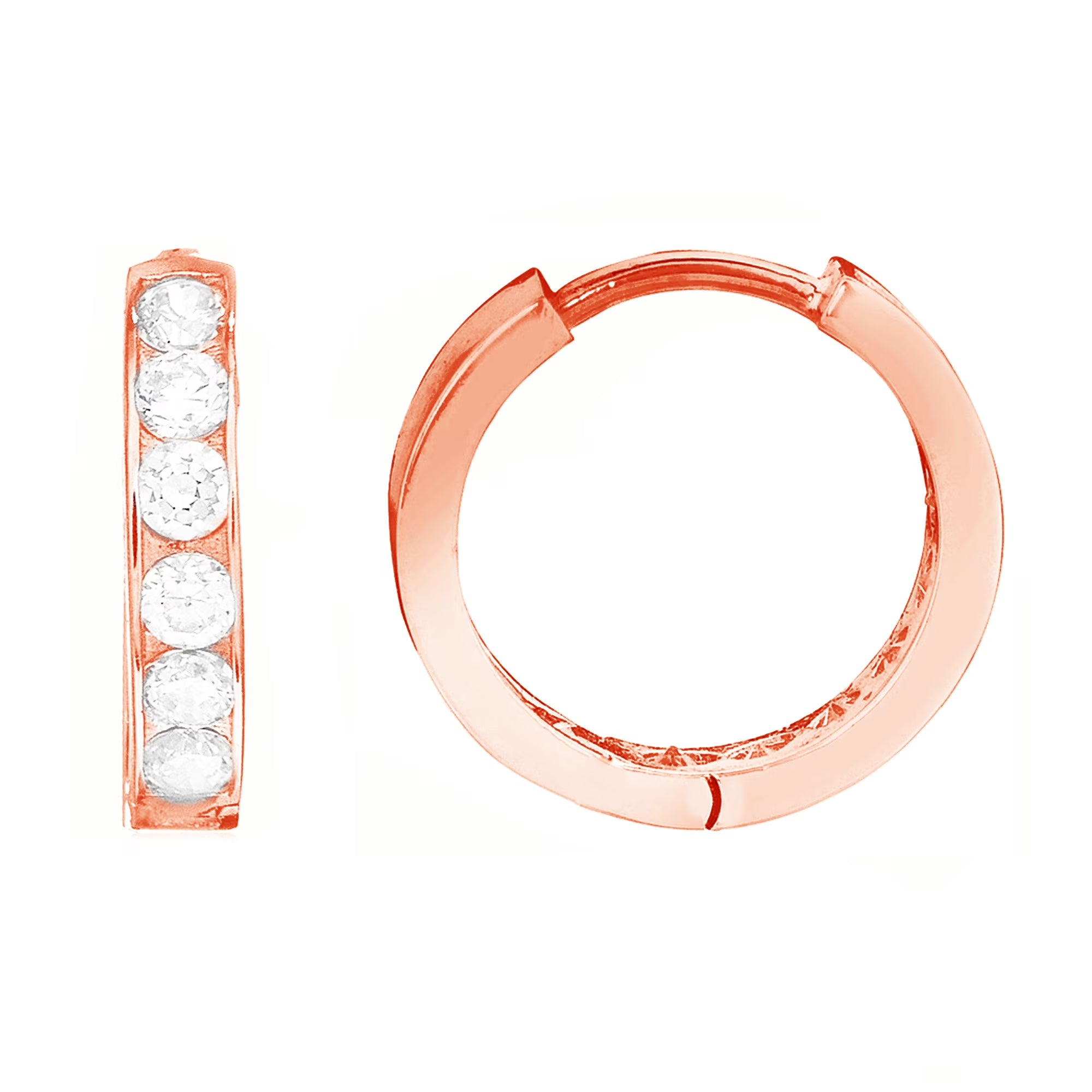 14k Rose Pink Gold Cubic Zirconia Channel-set Huggie Hoop Earrings B9499
