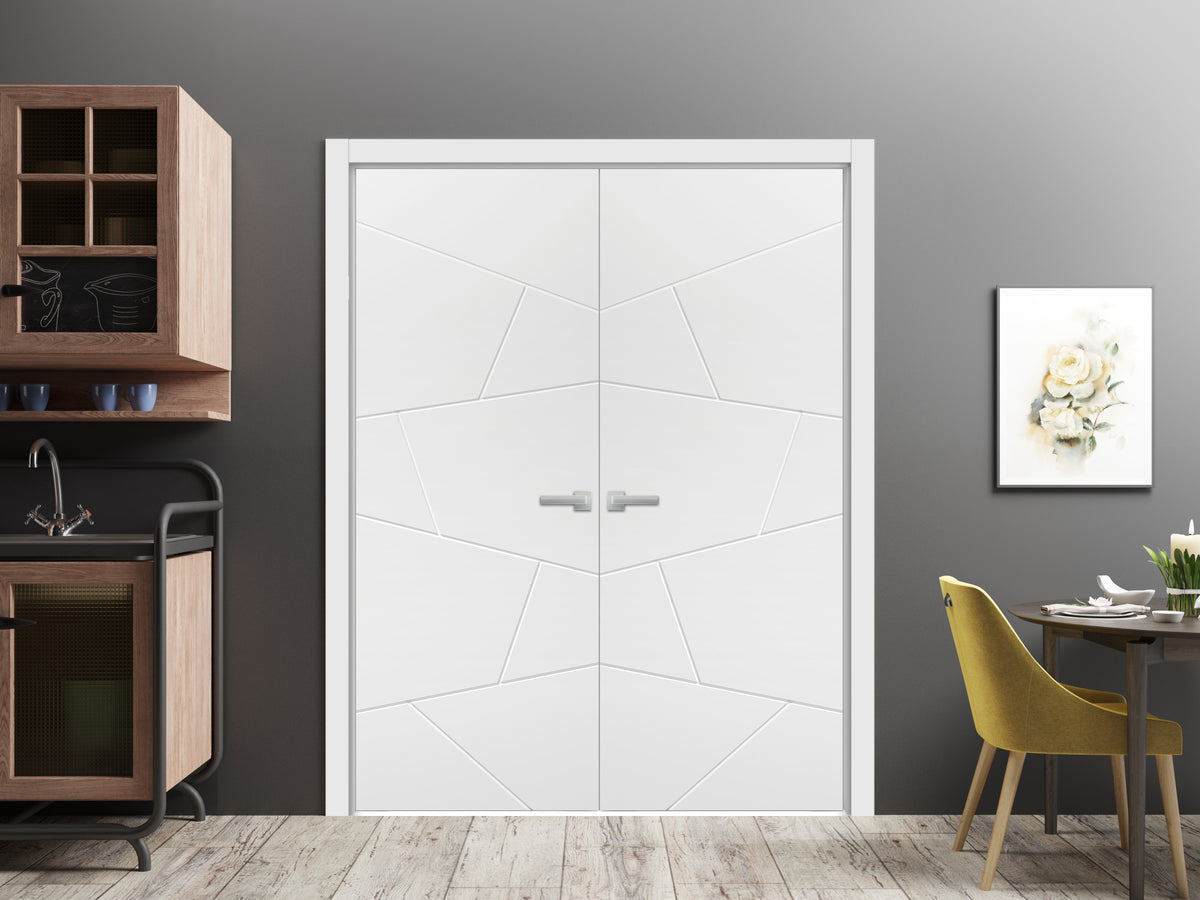 Solid French Double Doors 36 x 80 inches Painted White Wood Solid Panel Frame Trims F1931