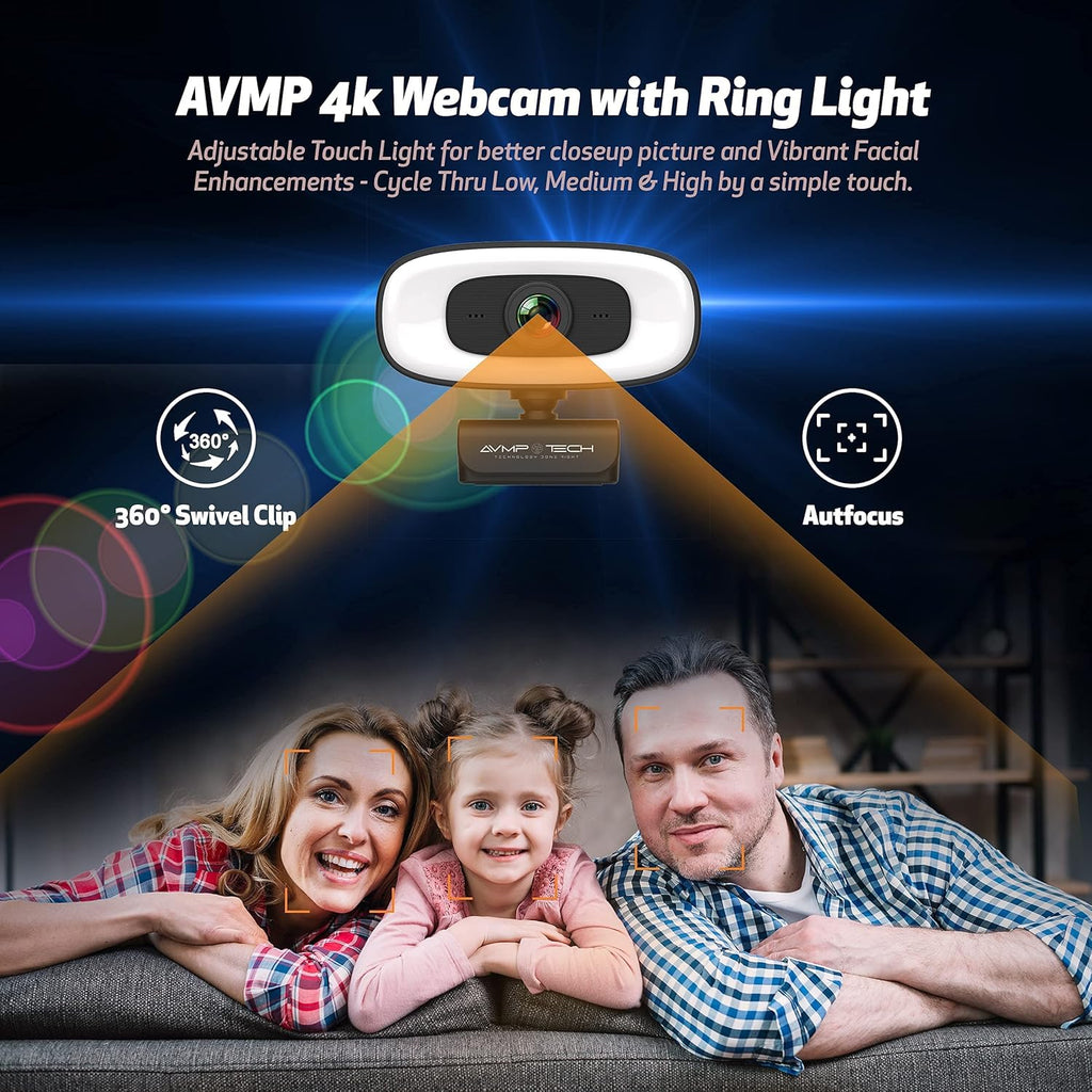 4K Webcam with Ring Light Ultra HD 8MP Autofocus USB Web Cam Stereo Microphone C334645