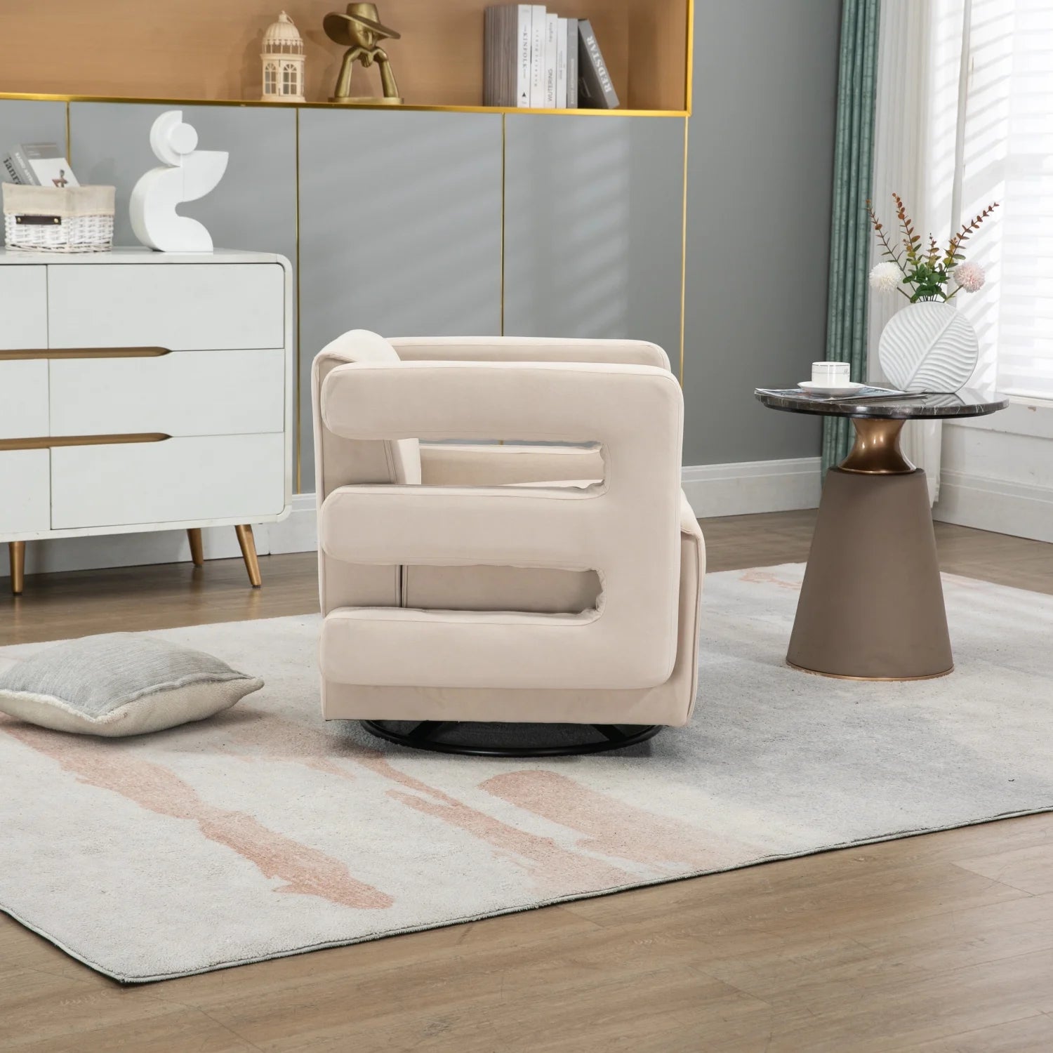 Beige Swivel Upholstered Tufted Velvet Accent Chair with Metal Stand V9861