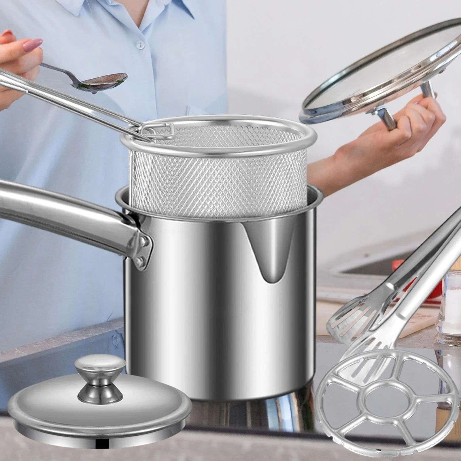Fryer Pan with Cover Net Basket Cookware G43532
