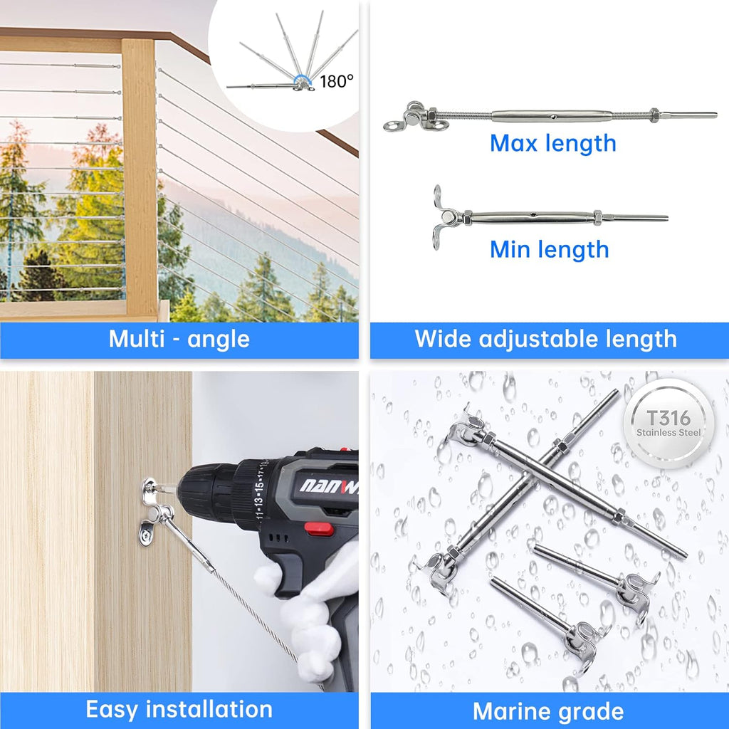 12Set Cable Railing Kit 1/8 T316 Stainless Steel Angle 180° Adjustable Z53398