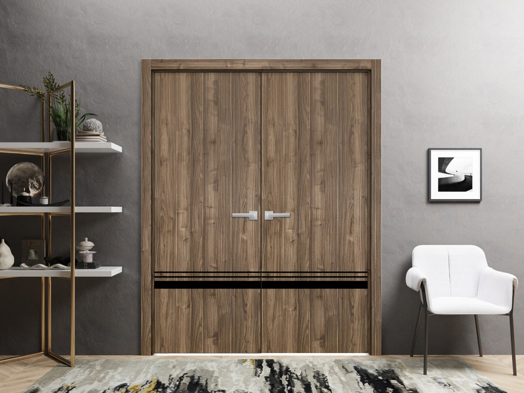 Solid French Double Doors 72 x 84 inches Walnut with Frosted Glass Wood Solid Panel Frame Trims Closet Bedroom Sturdy Doors R822