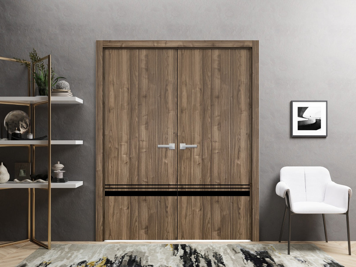 Solid French Double Doors 72 x 84 inches Walnut with Frosted Glass Wood Solid Panel Frame Trims Closet Bedroom Sturdy Doors R822