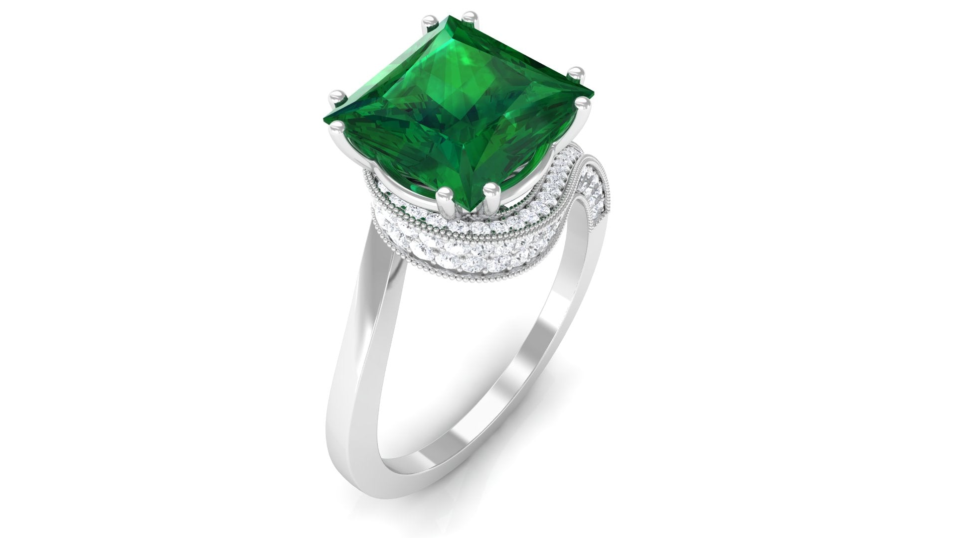 Lab Grown Emerald Solitaire Ring with Diamond, Princess Cut, 8 mm, 925 Sterling Silver, US 10.00 E804585