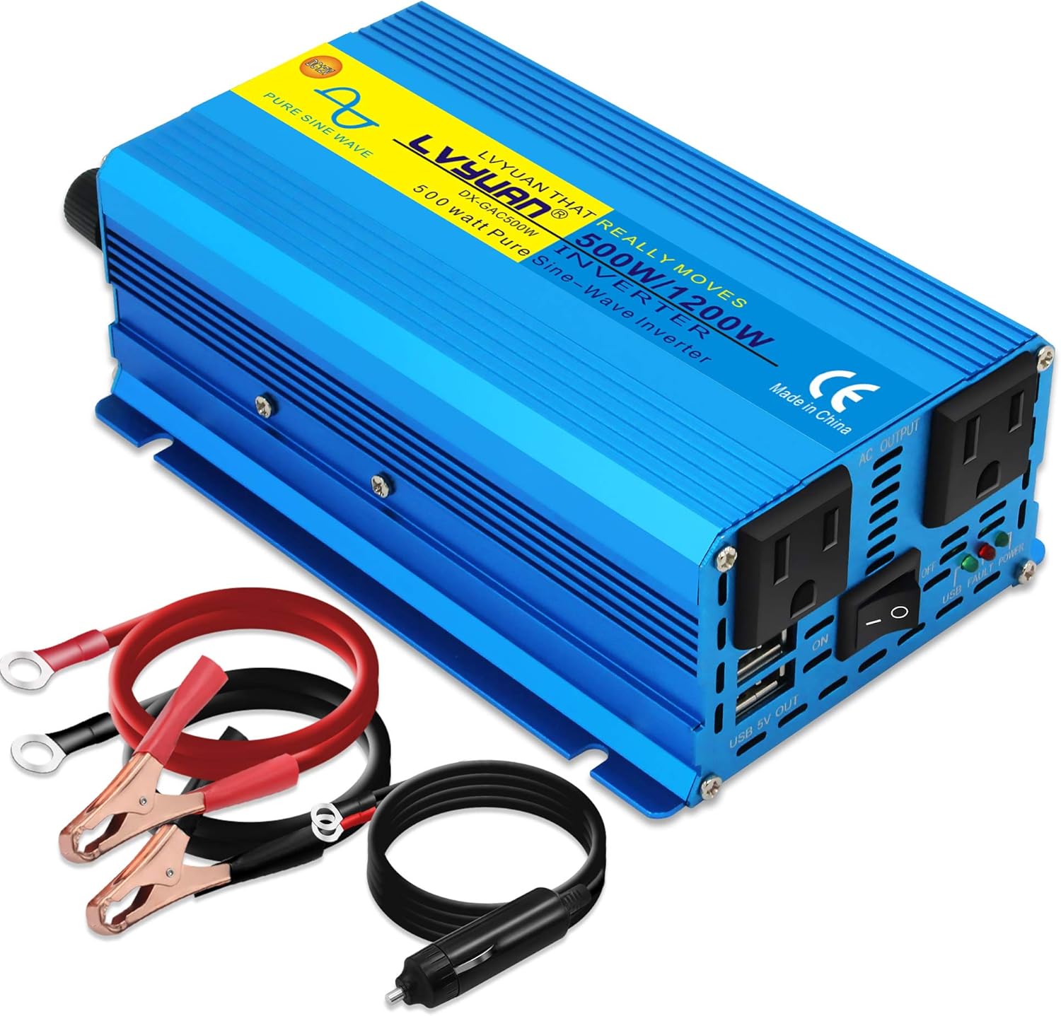 500W Pure Sine Wave Power Inverter 12V to 110V AC with USB Car Adapter Pack of 2 S946