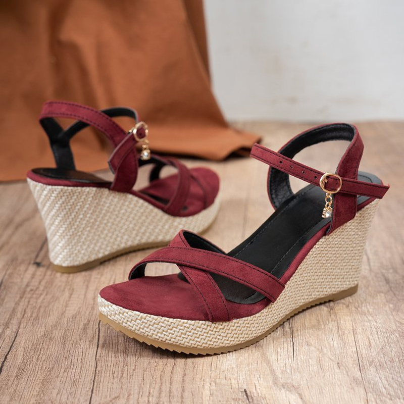 Women's Suede Cross Strap Wedge Sandals, Ankle Buckle Rhinestone Espadrille Platform Shoes