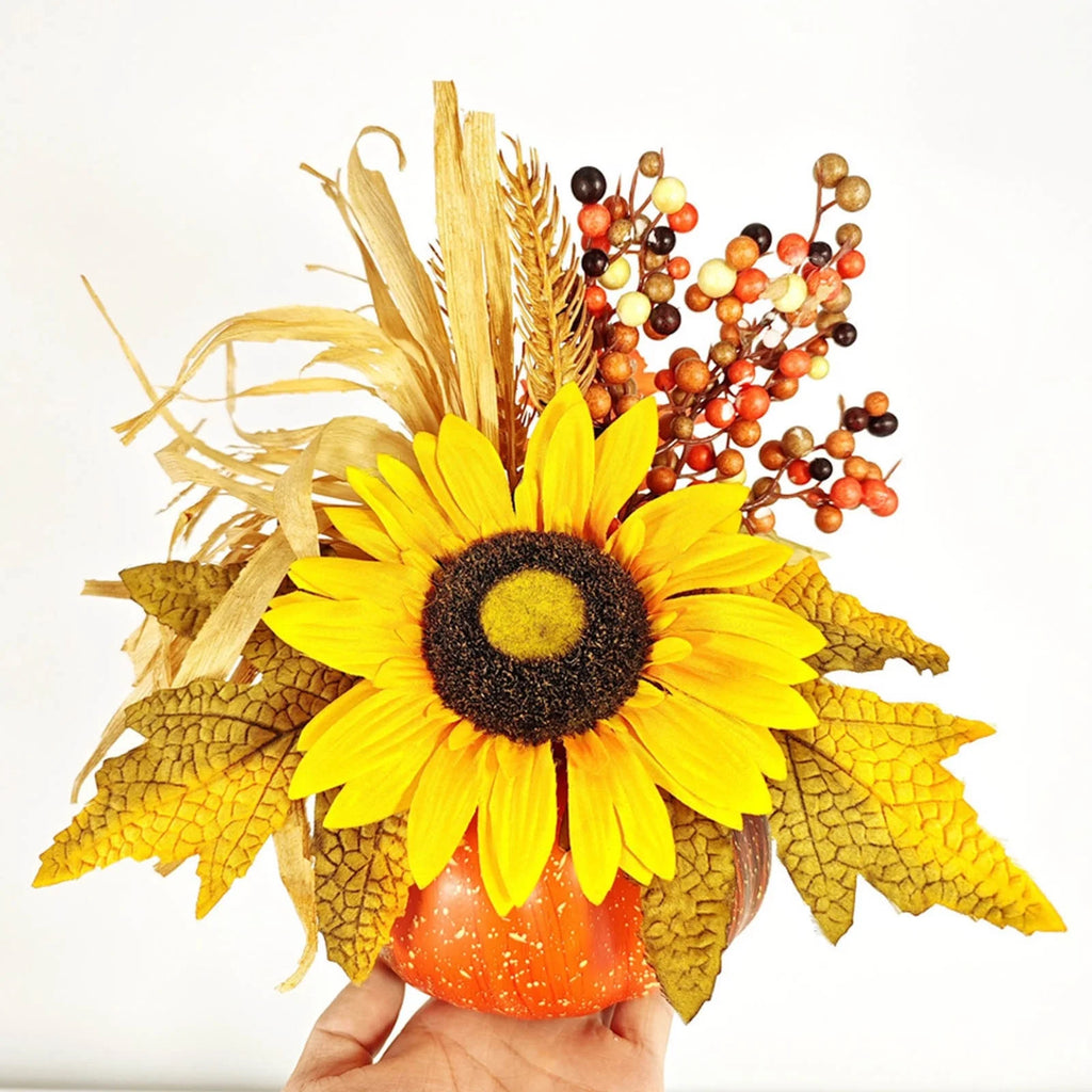 Artificial Fall Maple Flowers Silk Sunflowers Bouquets with Pumpkins Z55943