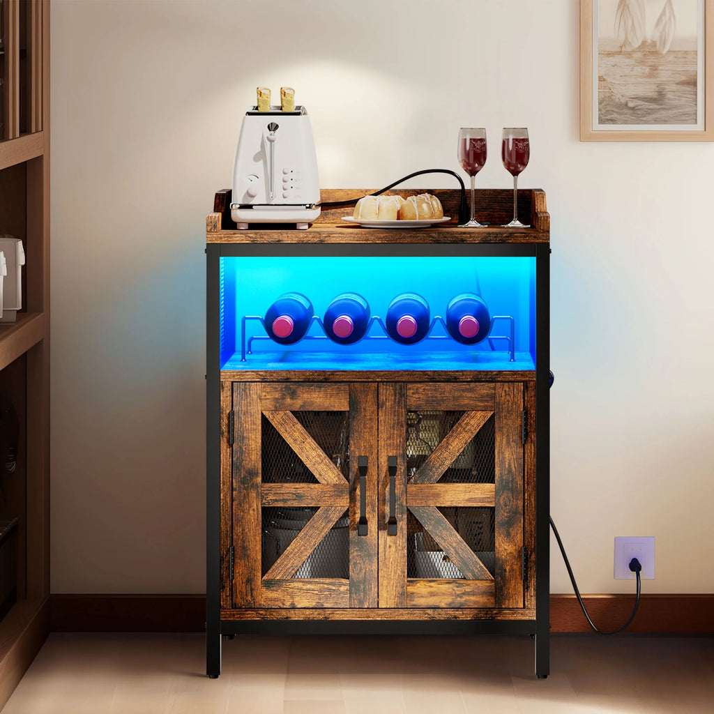 Rustic Brown Wine Bar Cabinet with Power Outlet and LED Lights P450