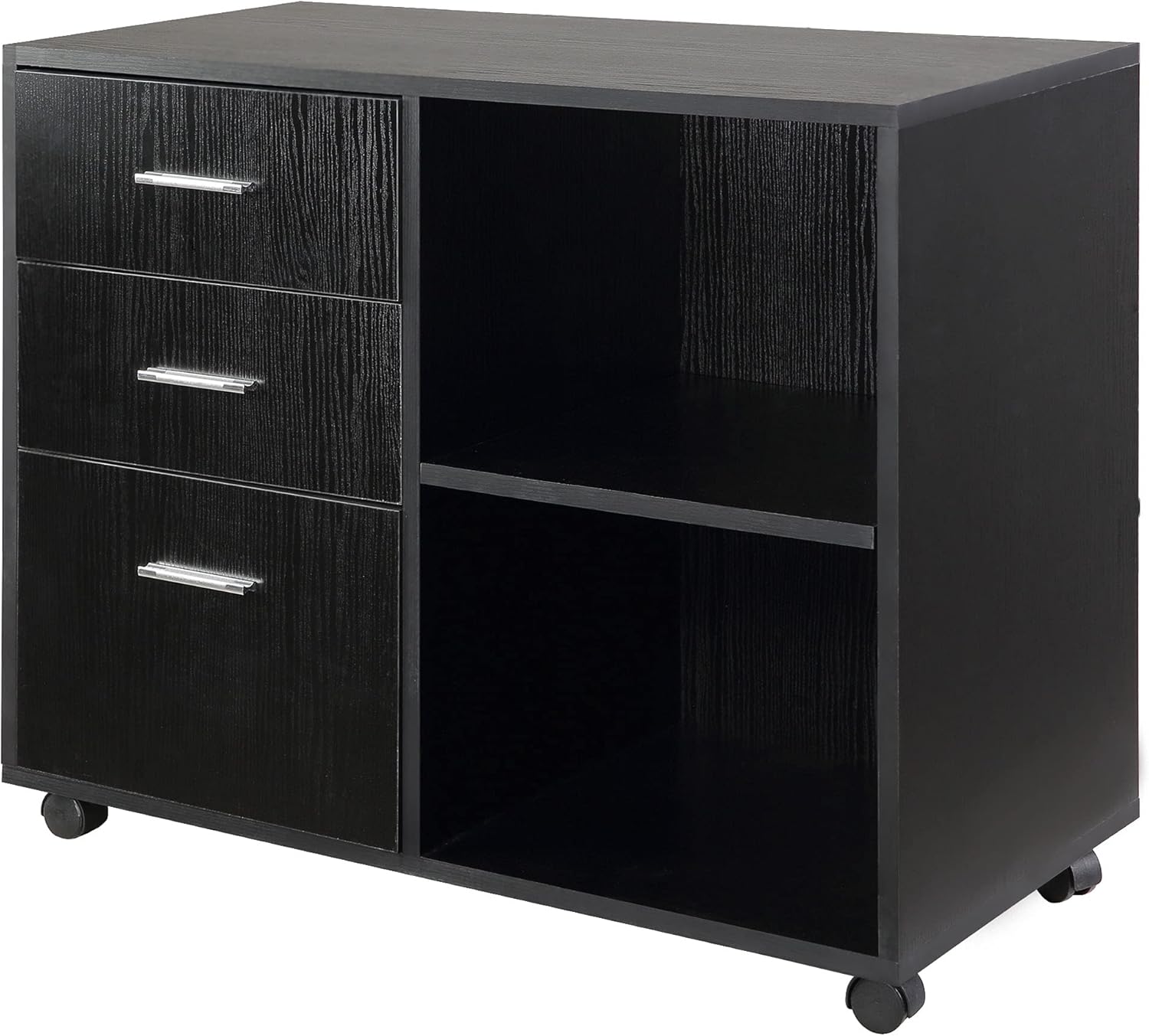 Black 3 Drawer Filing Cabinet with Shelving and 4 Caster Wheels V322597