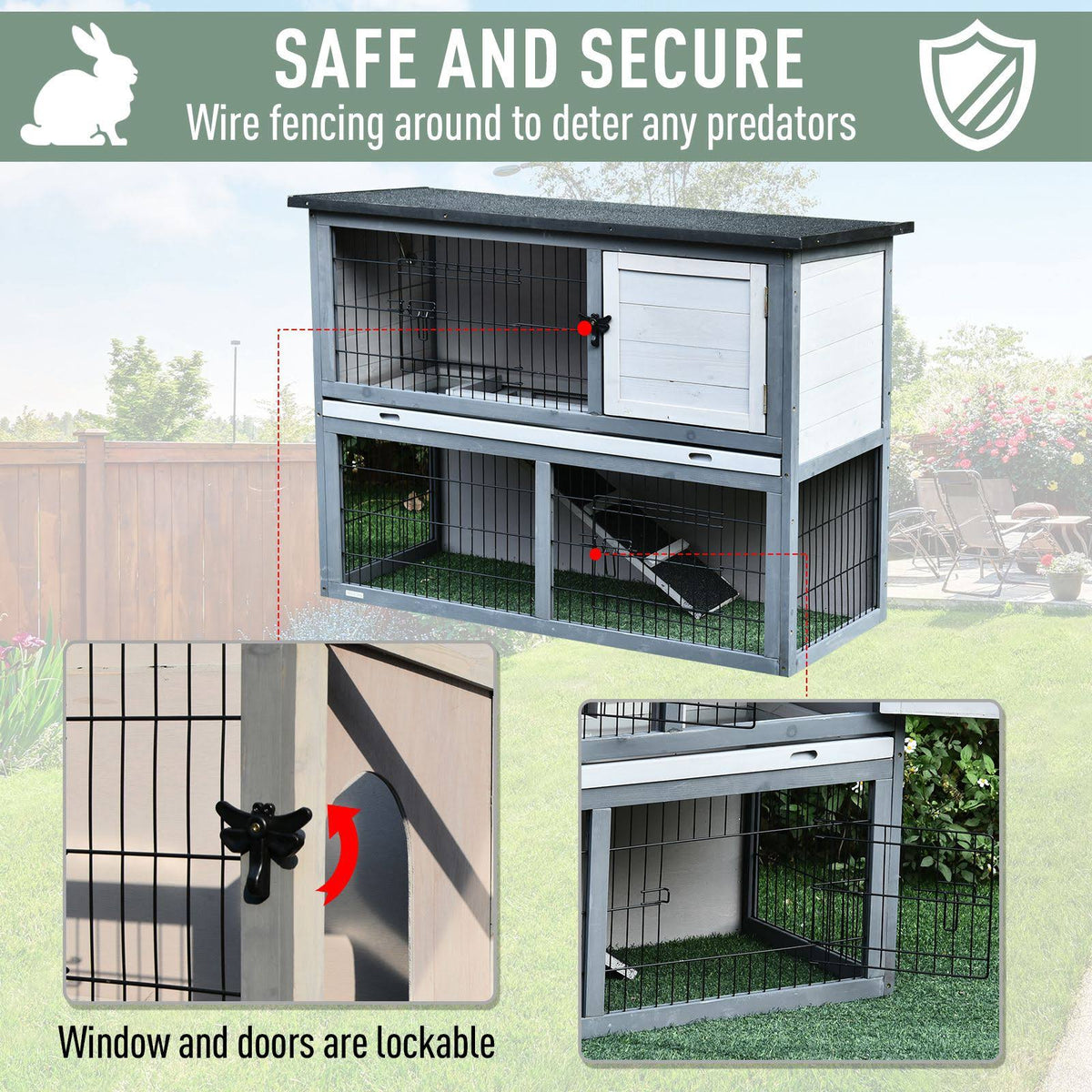 2-Tier Wooden Rabbit Hutch with Cage P95336