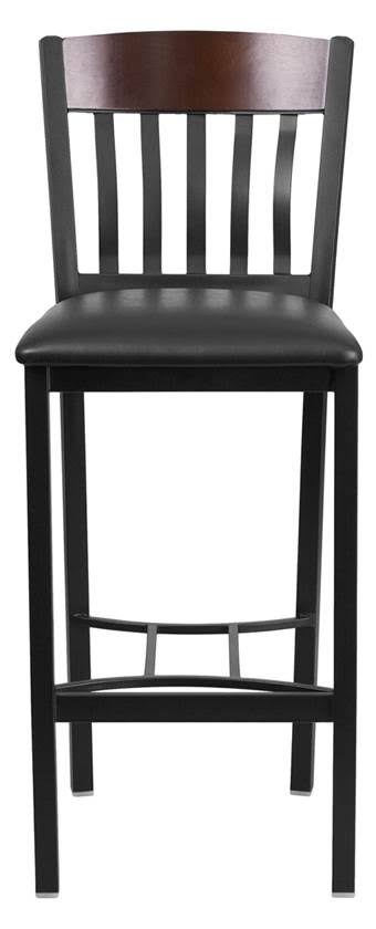 Black Metal and Walnut Wood Restaurant Barstool with Black Vinyl Seat E98995