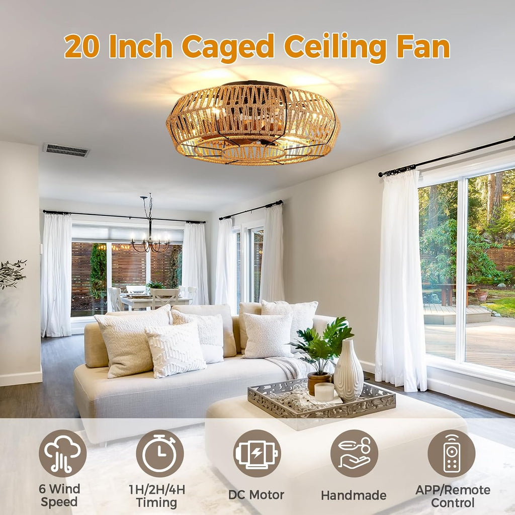 20 Inch Flush Mount Rattan Ceiling Fan with Light and Remote L351288