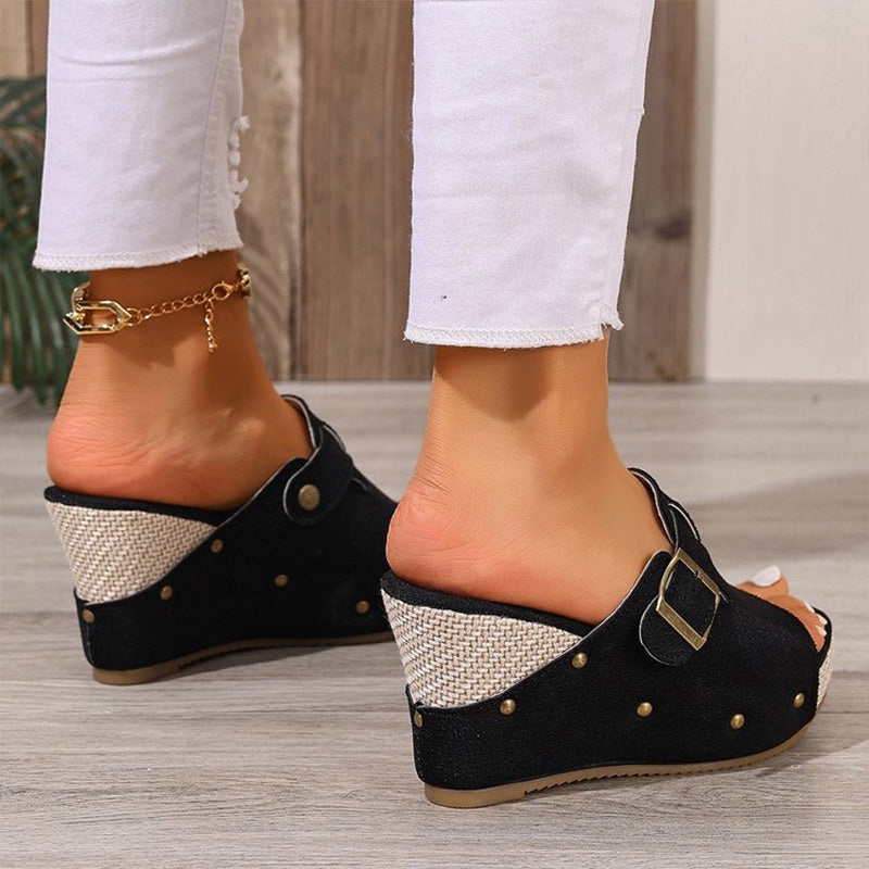 Retro studded wedge peep-toe sandals