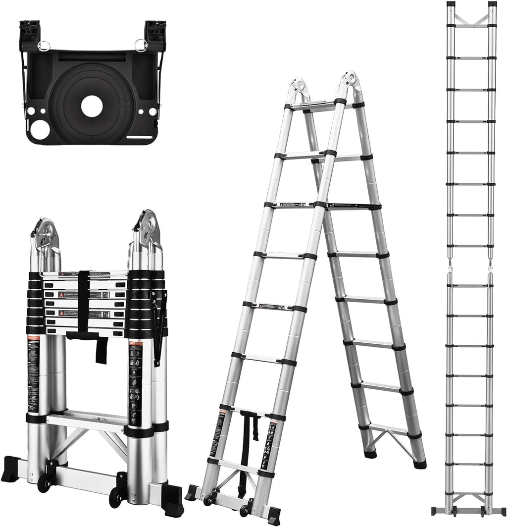 16.5 Ft Aluminum Telescoping Ladder with Wheels and Stabilizer Bar E225183
