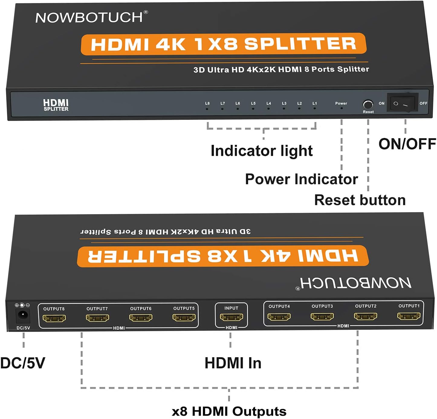 1x8 HDMI Splitter 8 Port 1 in 8 Out Powered Ver 1.4 Full HD 1080P 3D Support K11772