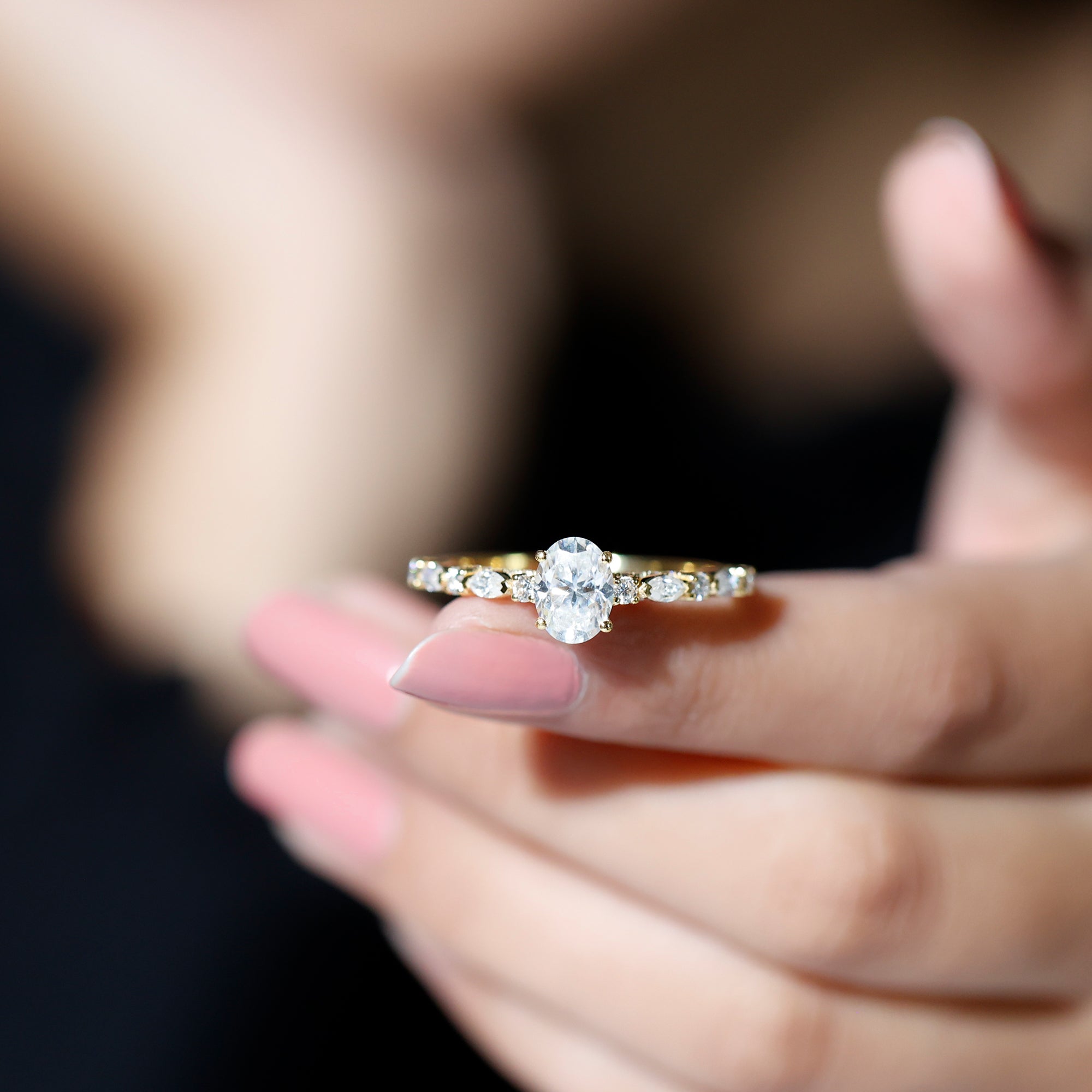 14K Yellow Gold Oval Moissanite Engagement Ring with Side Stones E99782