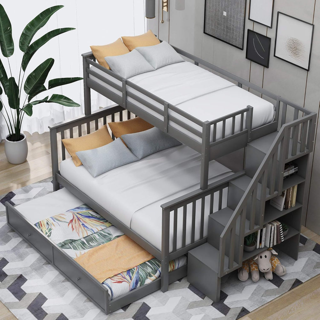 Twin Over Full Bunk Bed with 4 Storage and Staircase L8560