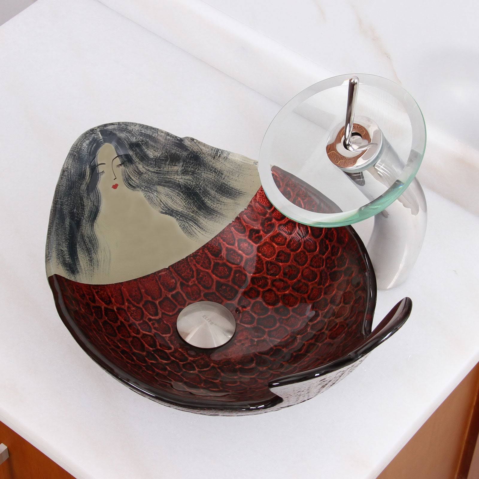 Chrome Finish Tempered Glass Bathroom Vessel Sink and Waterfall Faucet Combo E77946