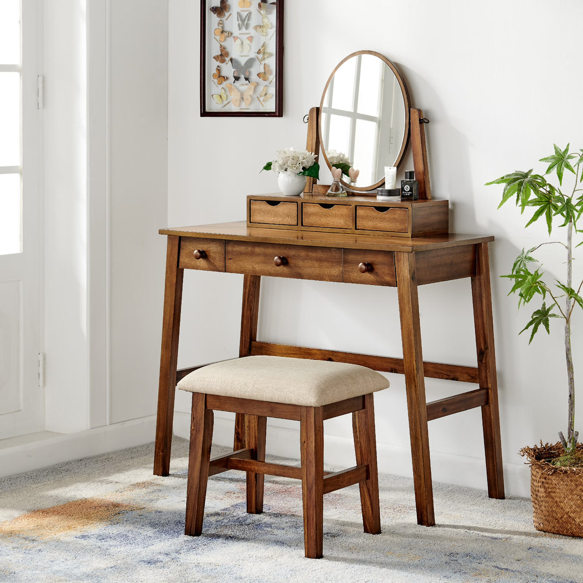 Walnut Finish Vanity Set with Bench R6743