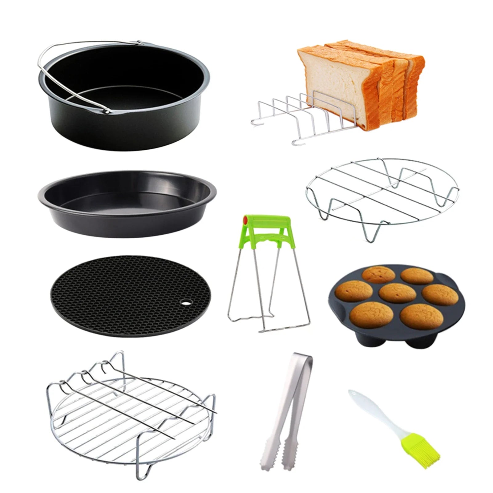 10Pcs Air Fryer Accessory Kit with Frying Pan, Rack, Pizza Tray, Cupcake Mould E411