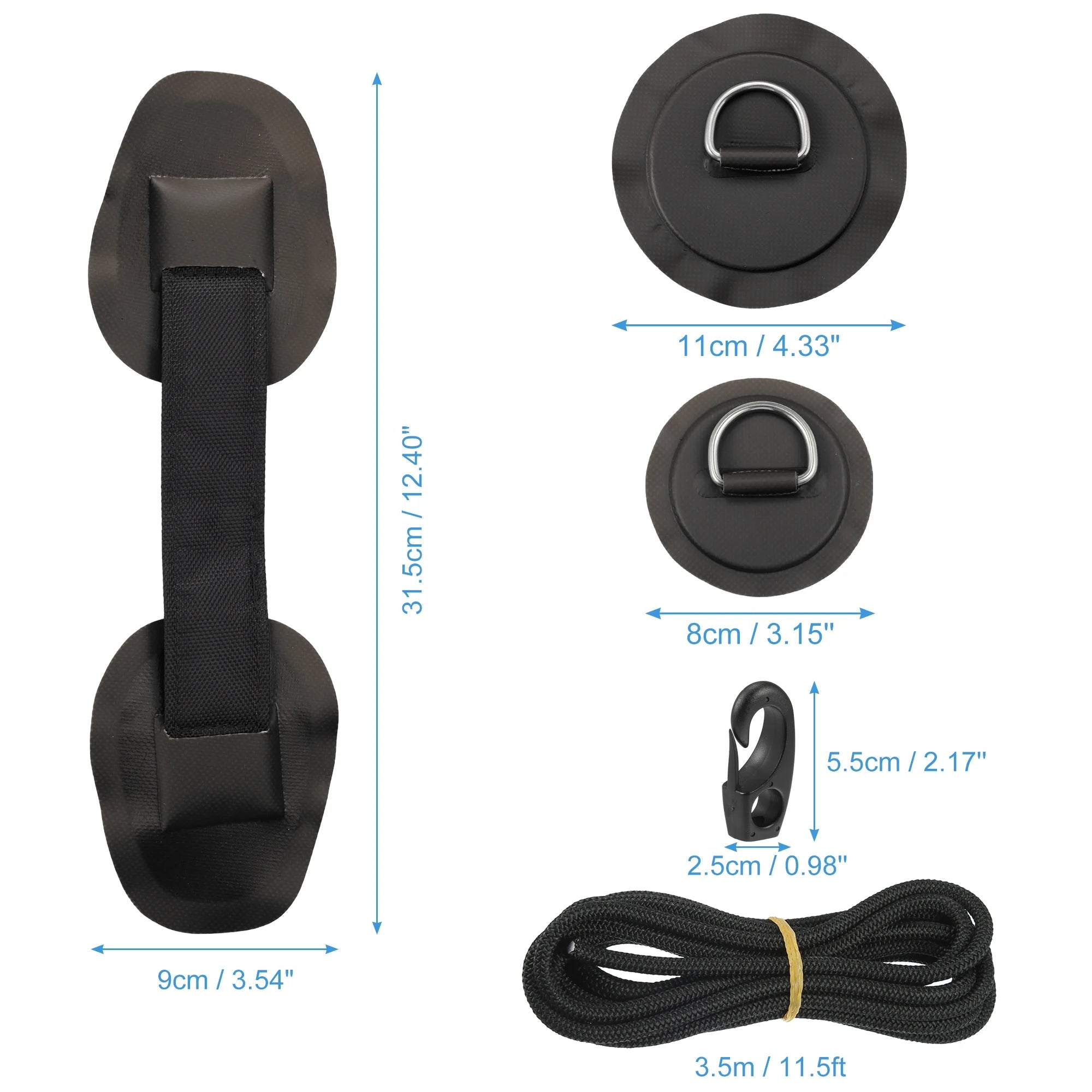 7pcs PVC Patch Round Shape D Ring 11.5ft Elastic Shock Rope with 6 Hooks Accessories for Inflatable Boat Black D936416