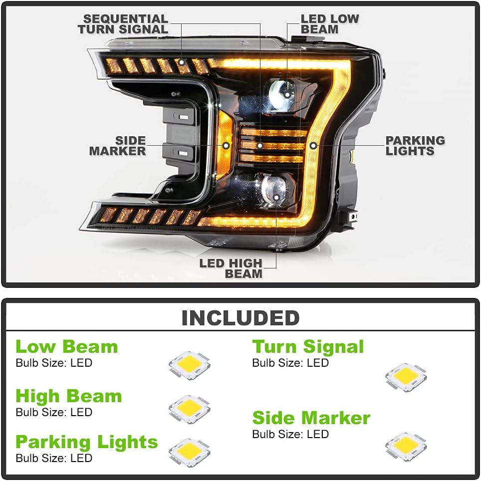 Black Amber LED Tube Sequential Signal Projector Headlights Left+Right T389005