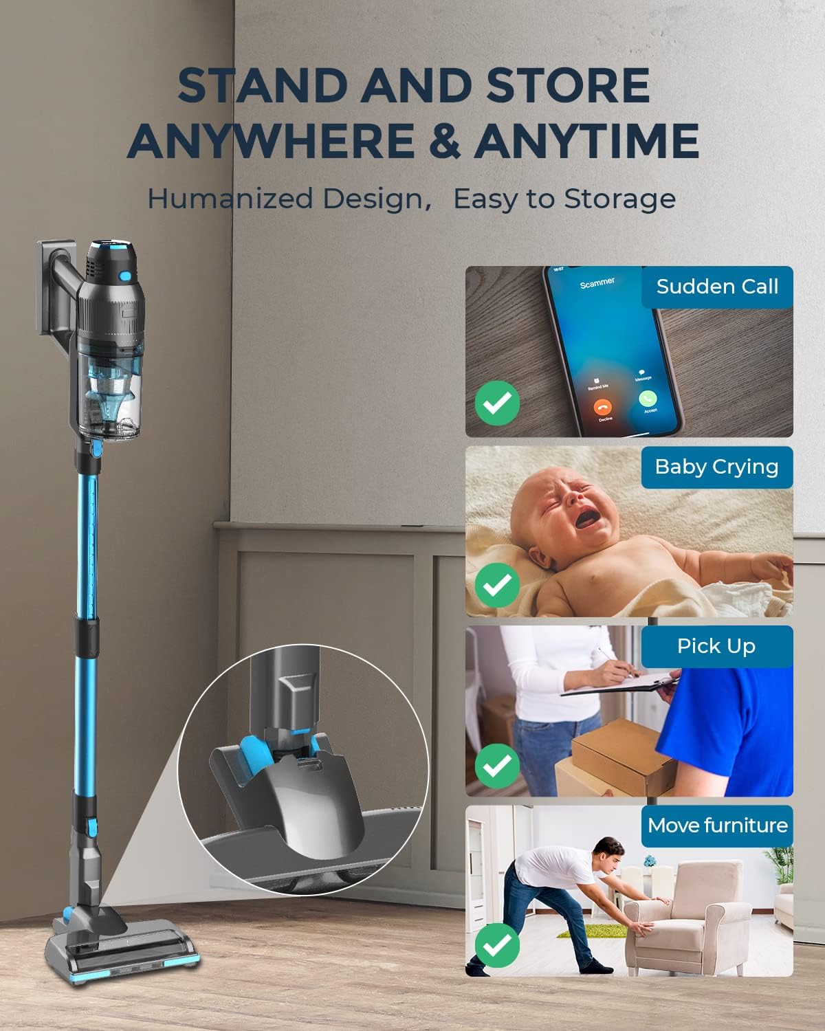 Cordless Stick Vacuum Cleaner with Self Stand, 22KPa, 40Min Runtime, LED Light F515556
