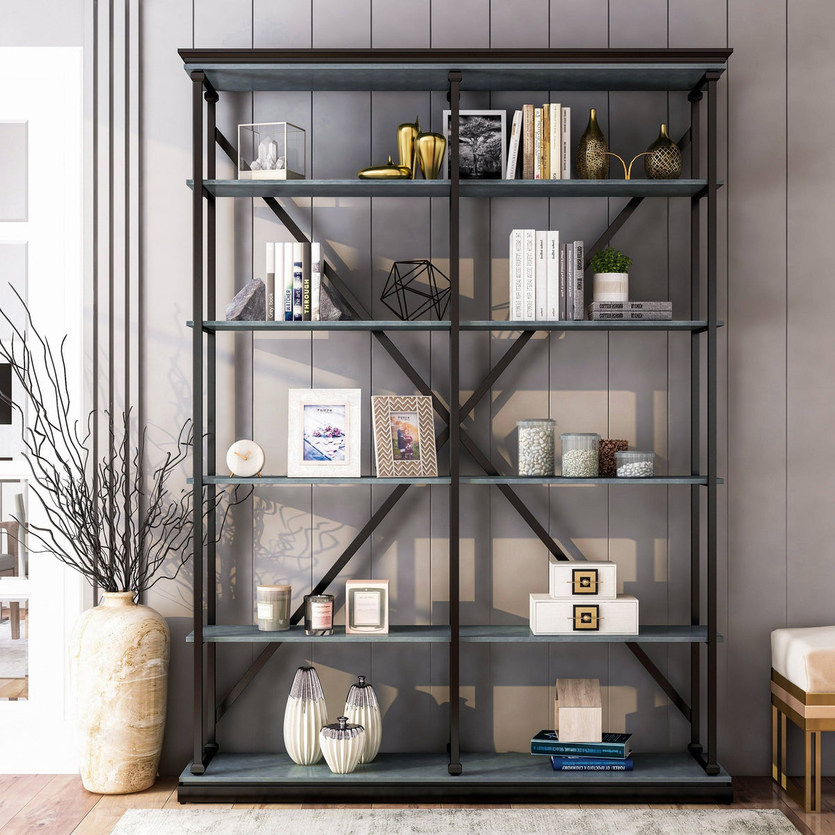 Antique Grey 5 Layer Metal Bookcase X76131