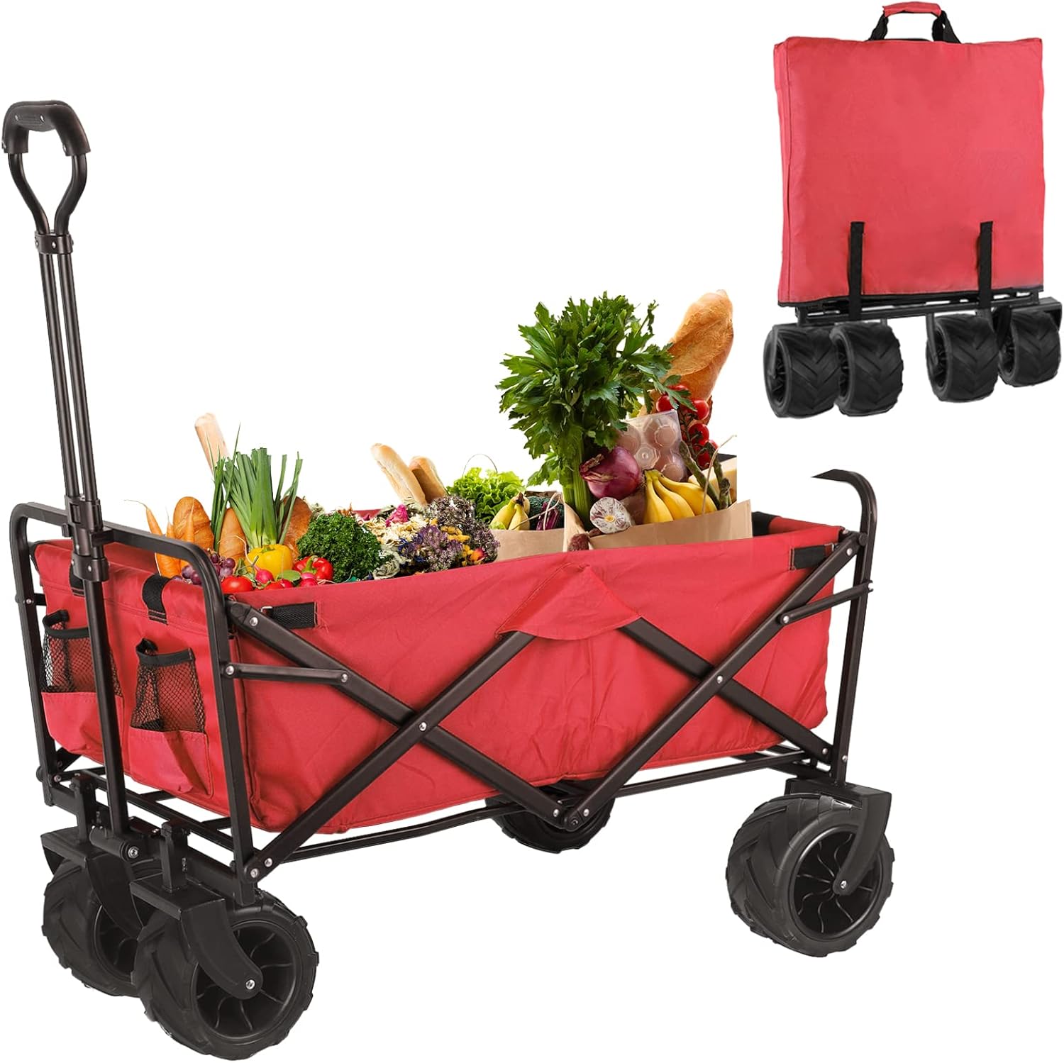 Heavy Duty Folding Utility Wagon Cart with All-Terrain Wheel and Carry Bag (Red) Q67006