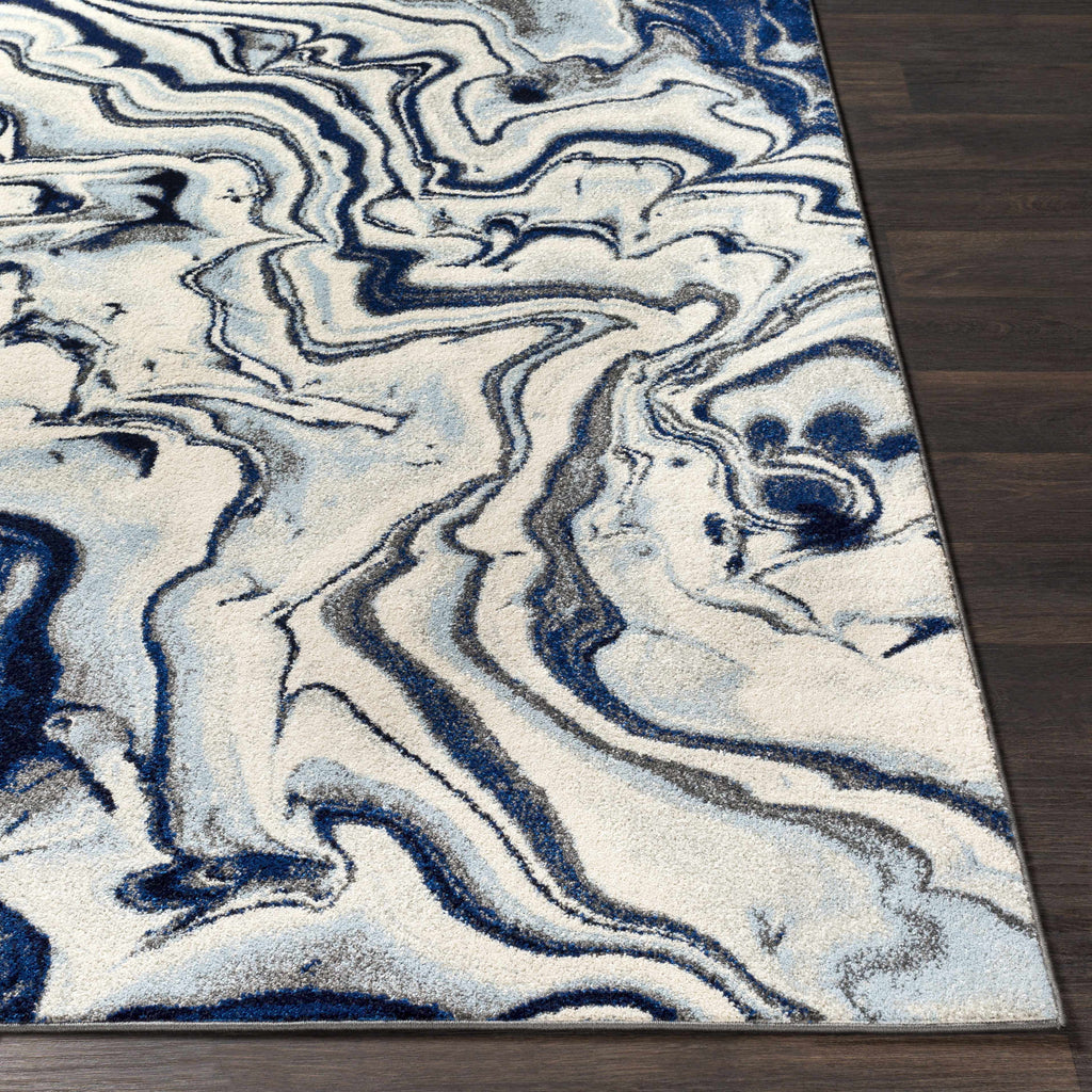 Abstract Coastal Area Rug - Marble Swirl Pattern - Ombre Blue, Royal Blue, Navy Blue, Grey, White - 5'3" x 7'3" C483582