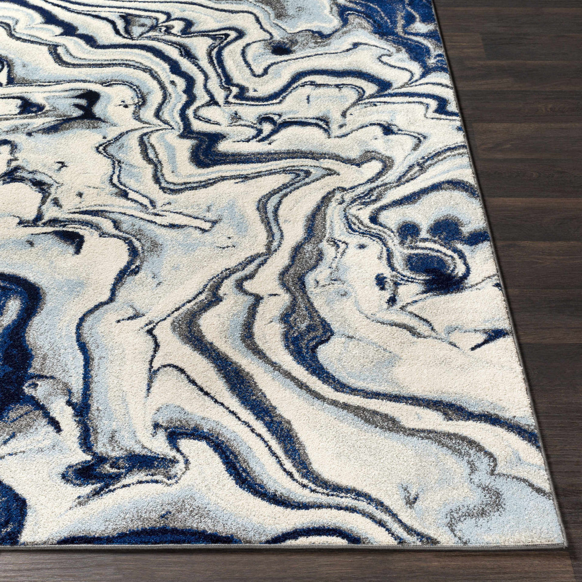 Abstract Coastal Area Rug - Marble Swirl Pattern - Ombre Blue, Royal Blue, Navy Blue, Grey, White - 5'3" x 7'3" C483582