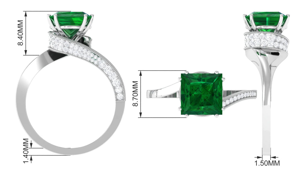 Lab Grown Emerald Solitaire Ring with Diamond, Princess Cut, 8 mm, 925 Sterling Silver, US 10.00 E804585