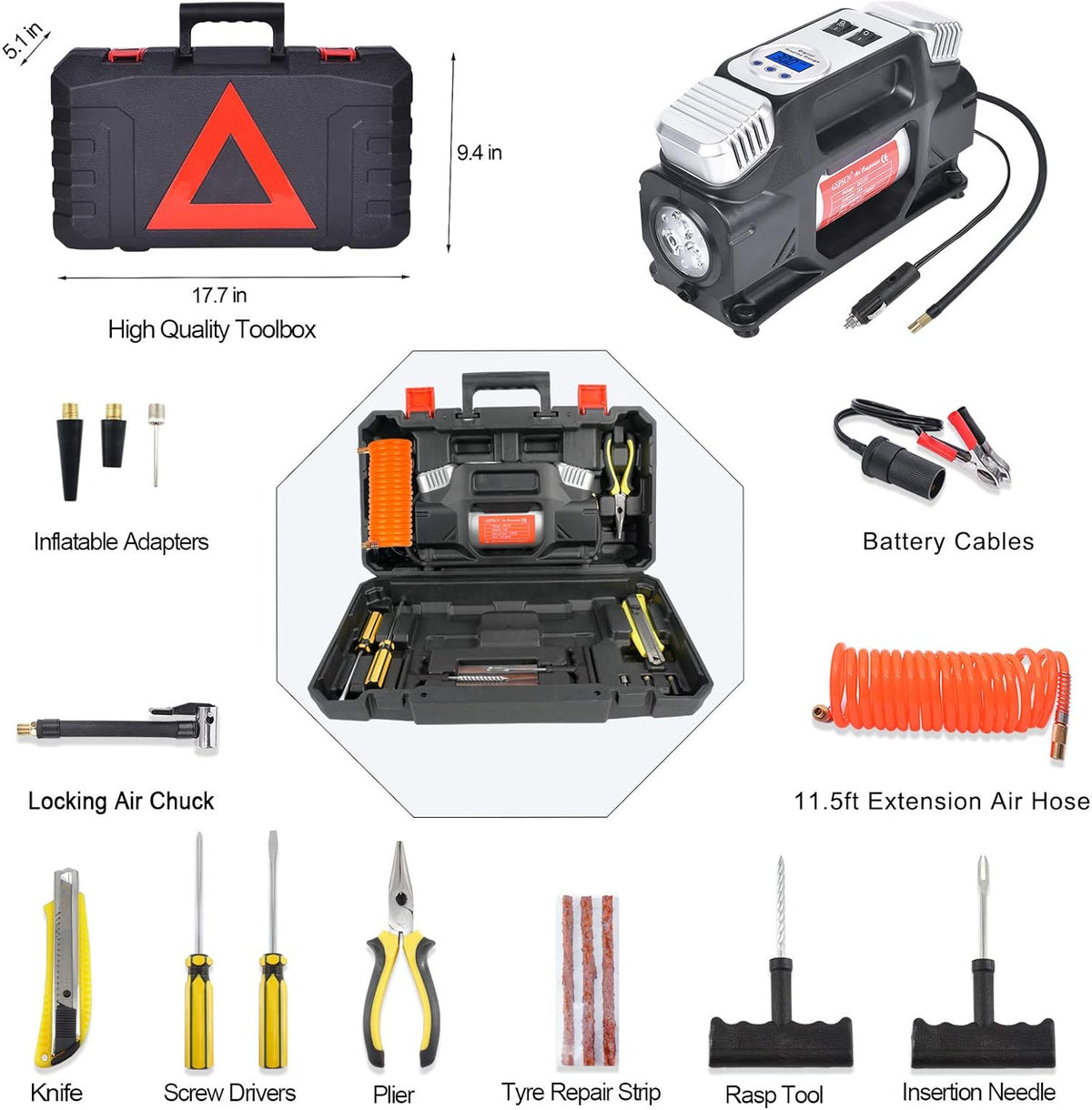 Portable Digital Tire Inflator, Dual Cylinders 12V Air Compressor Pump 150PSI with LED Light and Tire Repair Kit M1695
