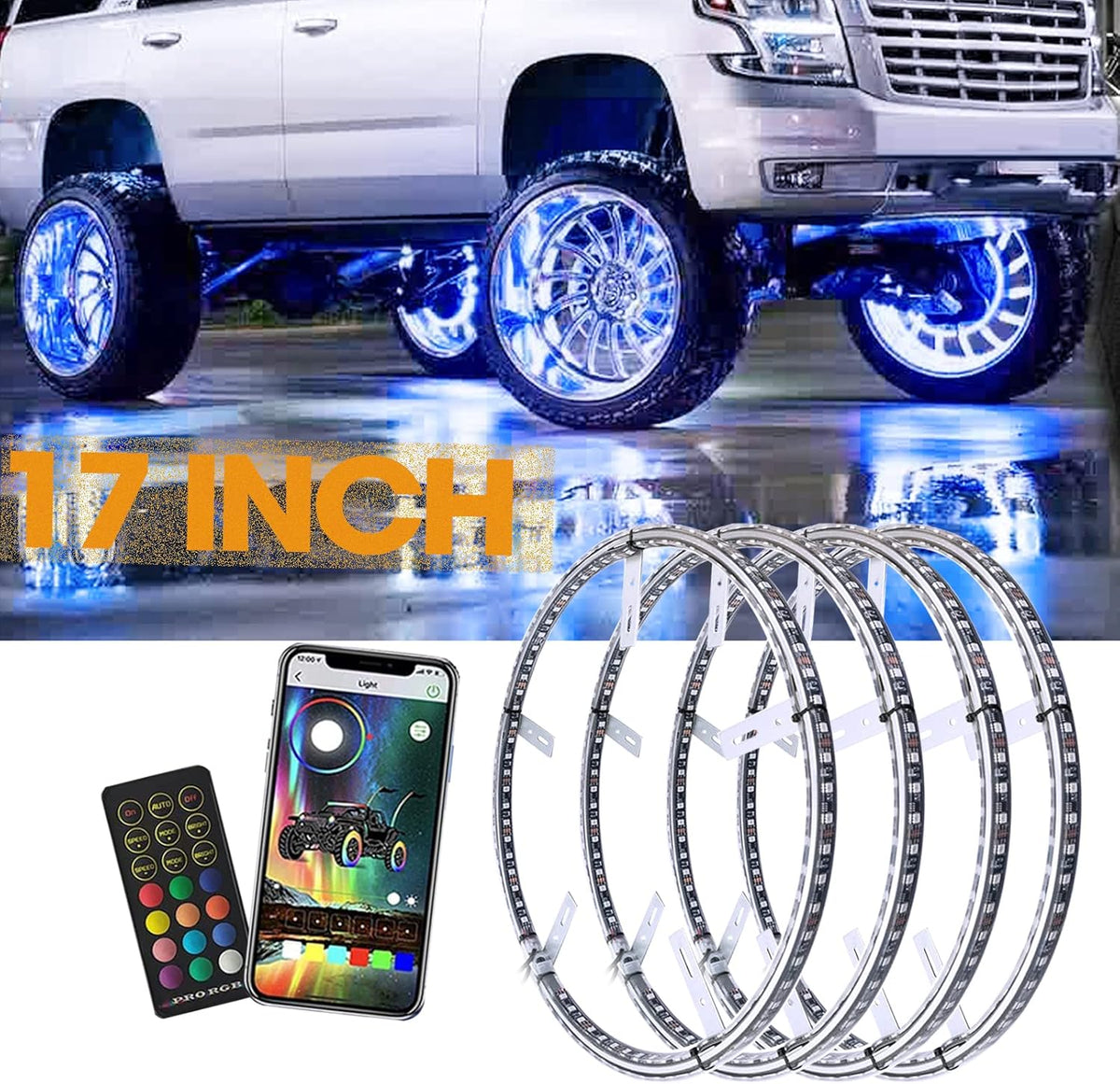 17'' Double Row RGB Wheel Ring Lights for Truck Car SUV Cart-4PCS D416747